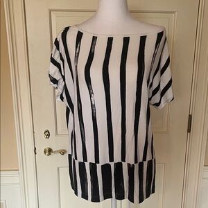 St. John Black and White Striped Short Sleeve Top